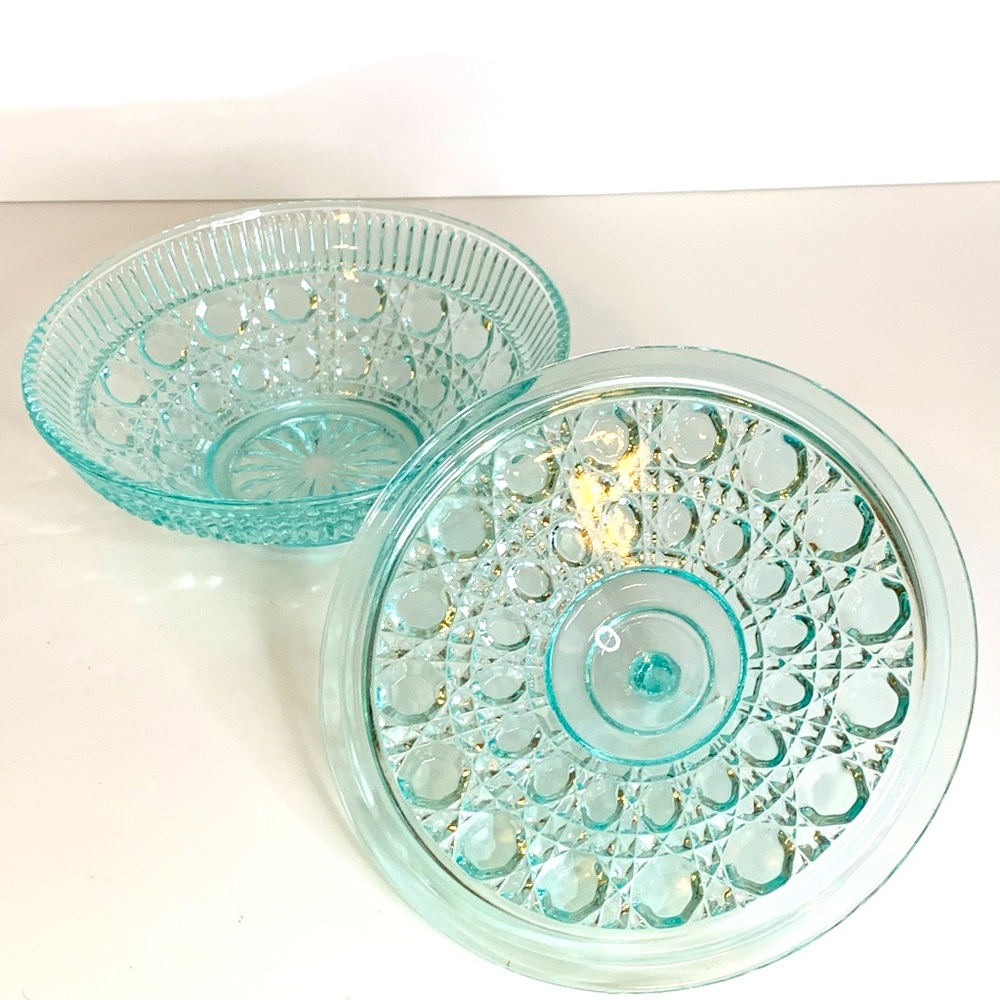 Indiana Glass Windsor Teal Button & Cane Candy Dish - Picture 3 of 4